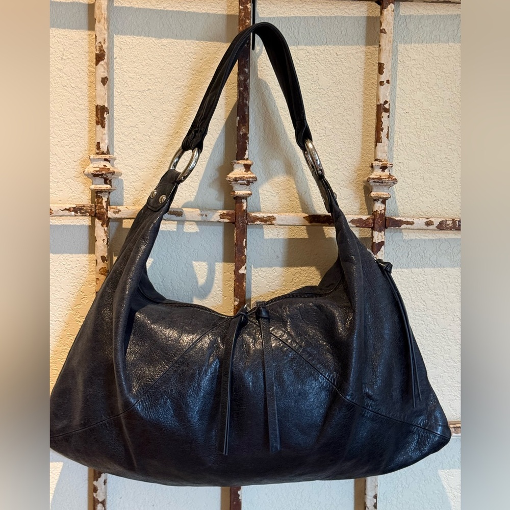 Classic Black Leather Hobo Crescent Shoulder Bag - 17” x 11” y2k
